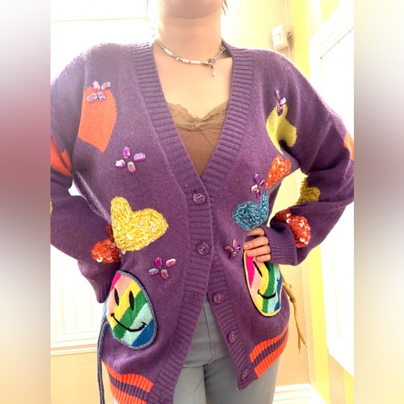Smiley face cardigan 2 colors are available —— purple color - Picture 7 of 7